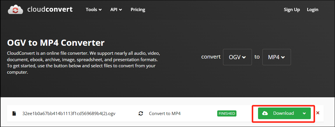 Click the Download button in CloudConvert to save the converted video