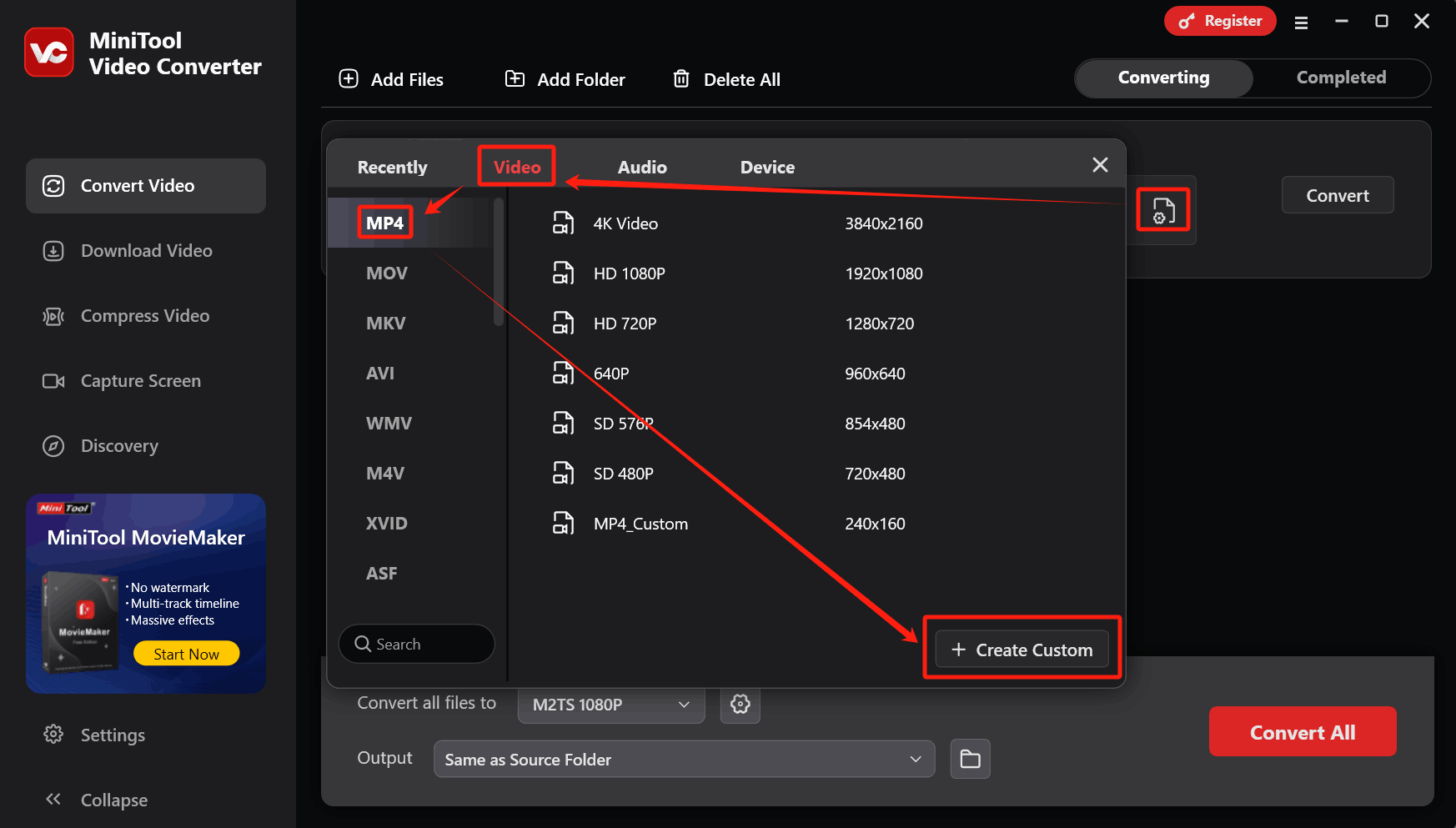 Select MP4 and click the + Create Custom option in the output format window of MiniTool Video Converter to enter the Settings window