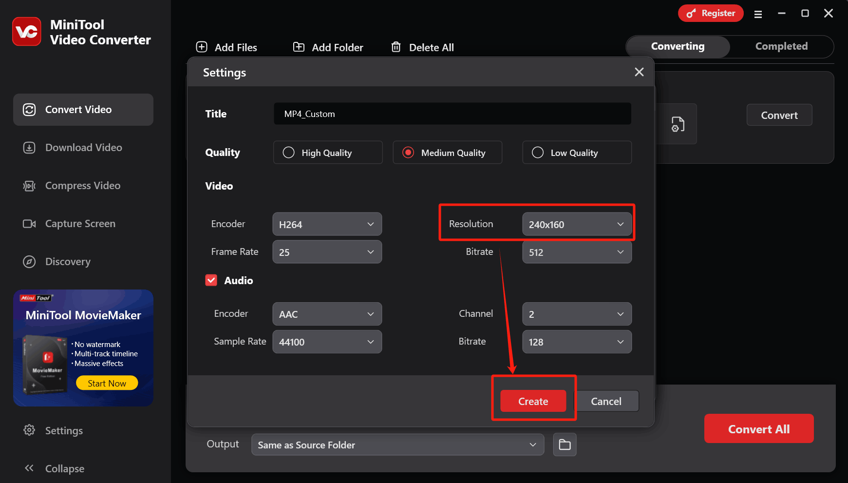 Expand the Resolution drop-down menu and click the Create button in the Settings window of MiniTool Video Converter to save the change