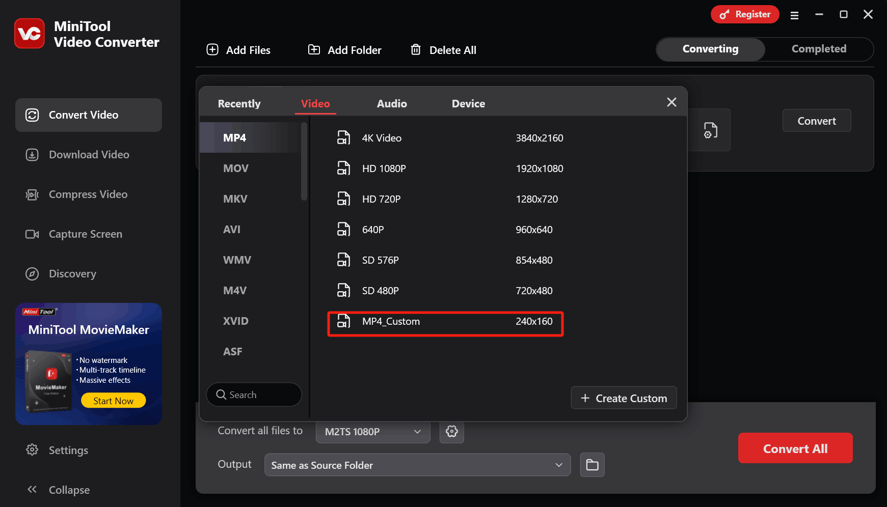 Choose MP4_Custom in the output format window in MiniTool Video Converter as the output format