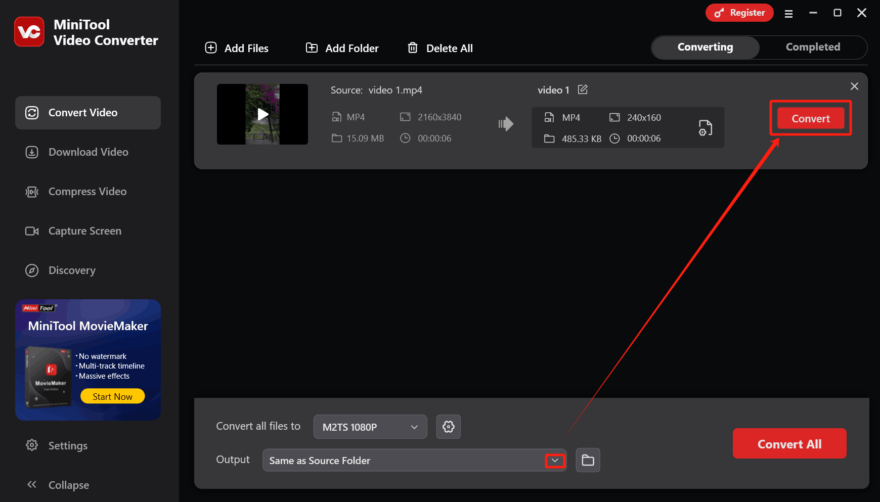 Expand the bottom Output option and click the Convert button in MiniTool Video Converter to choose a saving location and start the conversion
