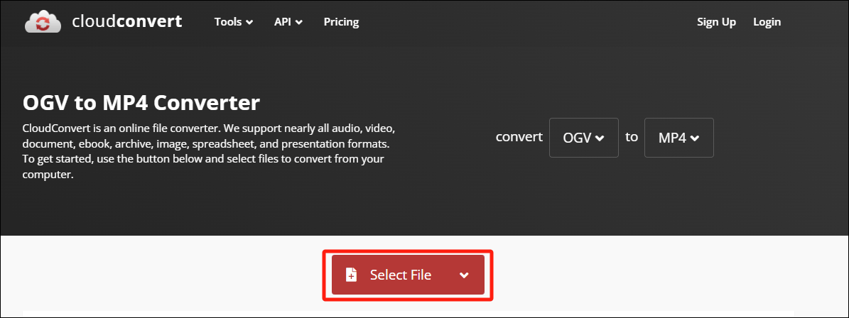 Click the Select File button in CloudConvert to import the target file