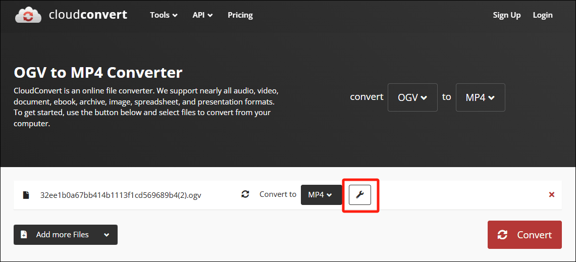 Click the Wrench icon in CloudConvert to open the Options window