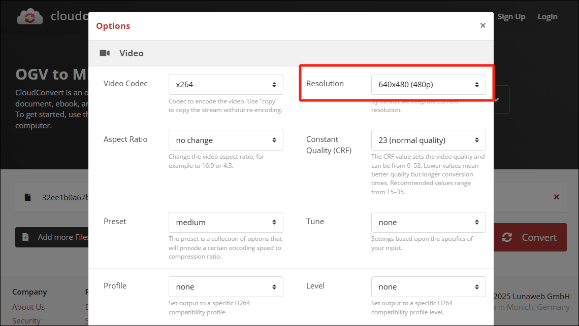 Choose 640 X480 (480p) in the Option window of CloudConvert as the converted video’s resolution