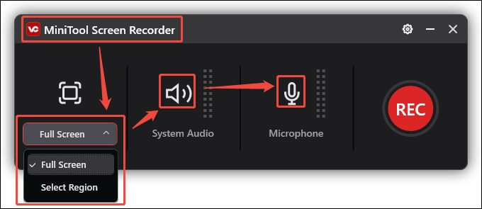 In the MiniTool Screen Recorder window, choose to record the full screen or a selected area. Then, choose whether to record system audio or microphone audio