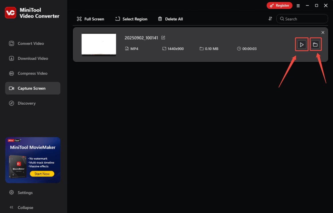 In MiniTool Video Converter, click the play icon to check the recorded video or click on the folder icon to locate the save location