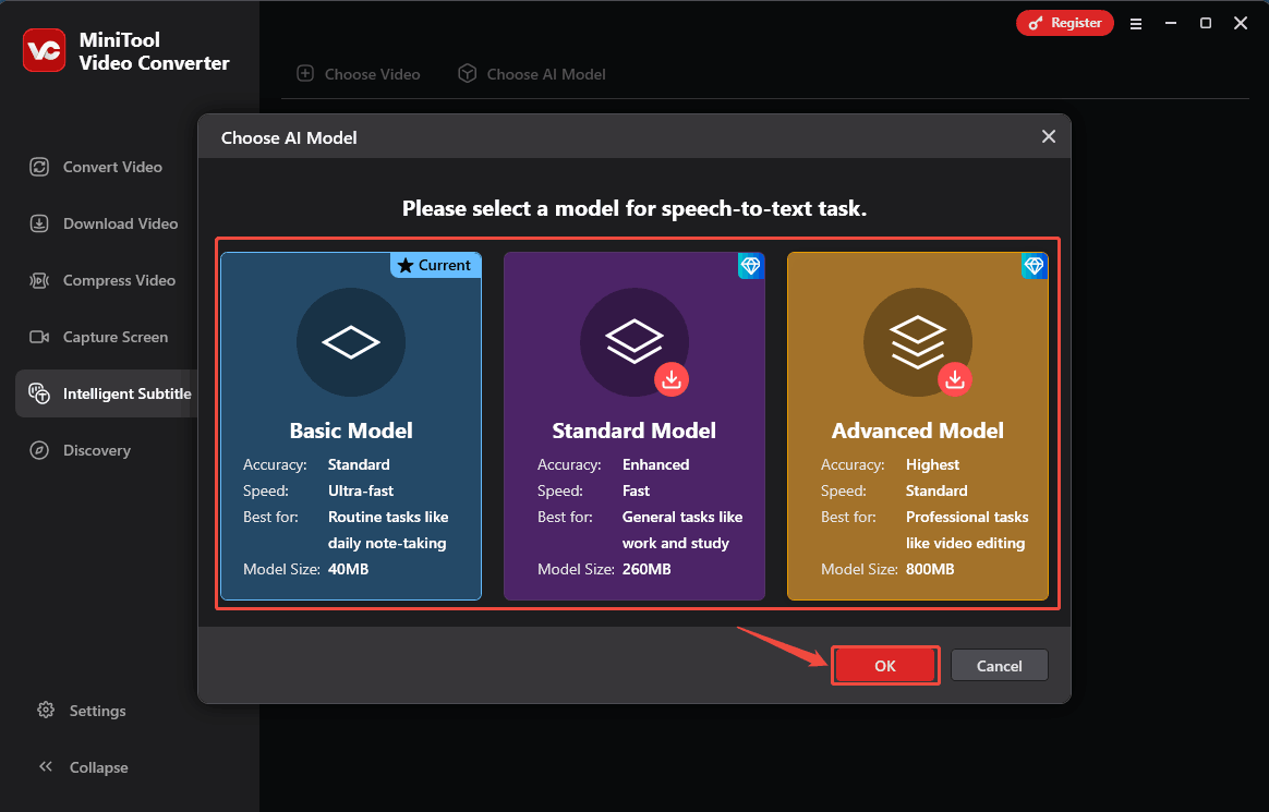 Choose a model you need and click on the OK button in the Choose AI window of MiniTool Video Converter to download the chosen model