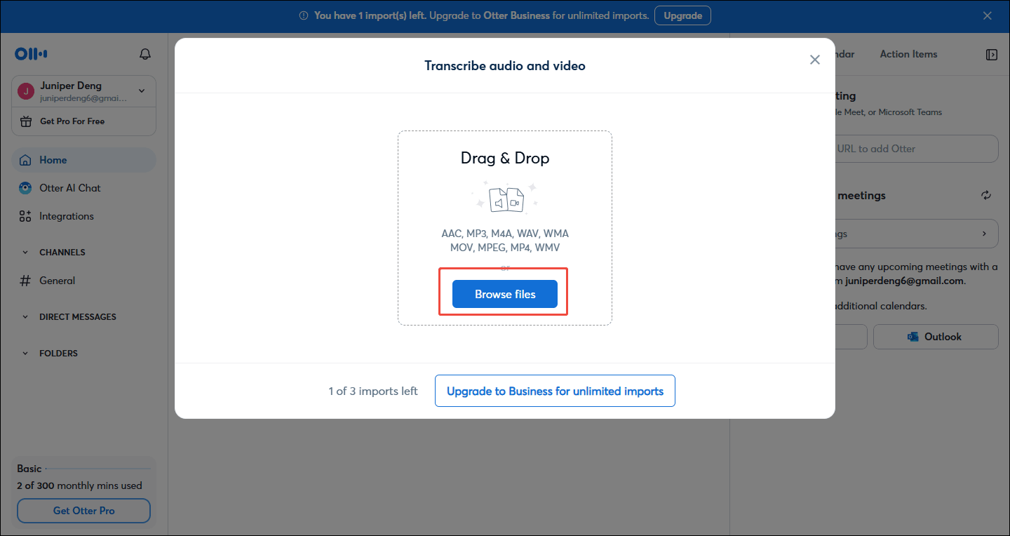 Click on the Browse files option in the Transcribe audio and video window of Otter.ai to import the target video