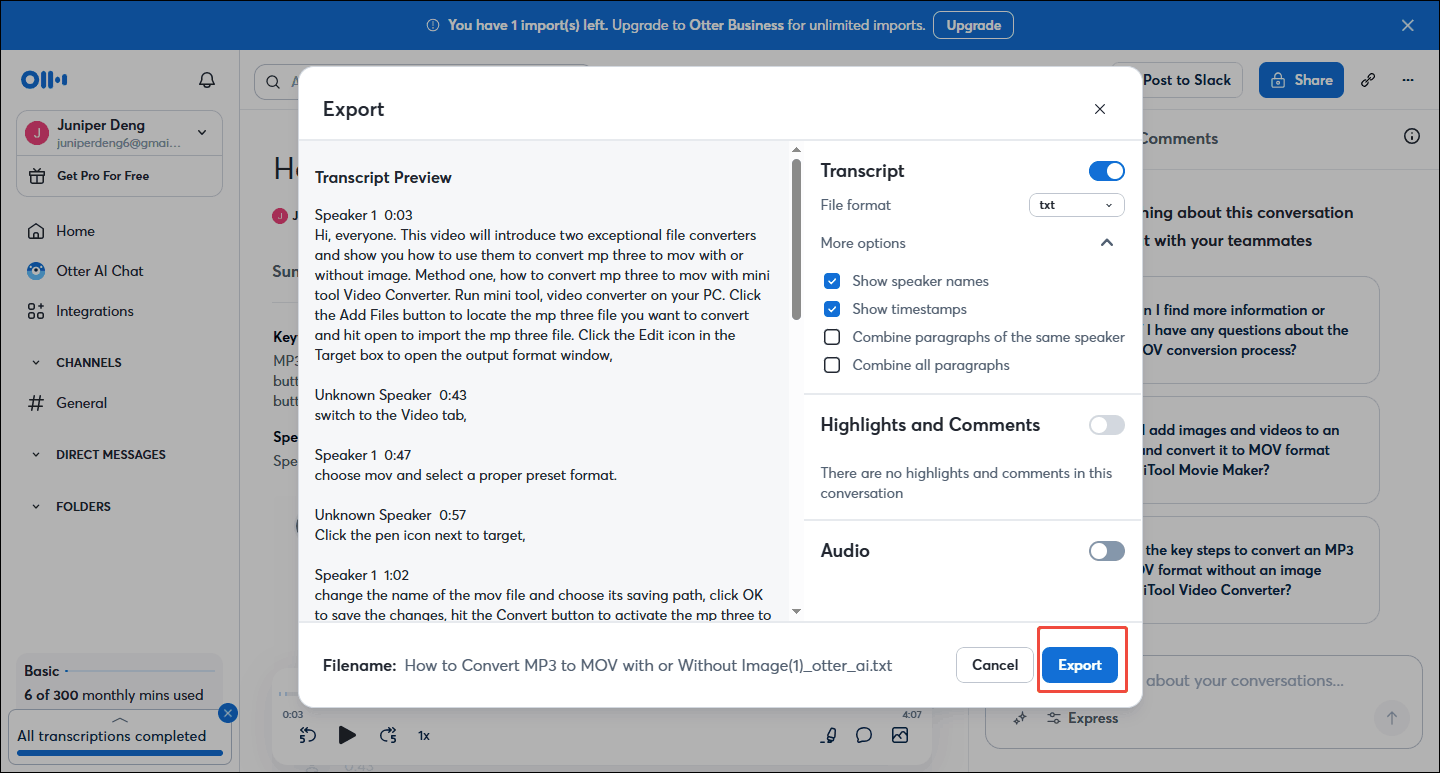 Click on the Export button in the Export window of Otter.ai to start the export process