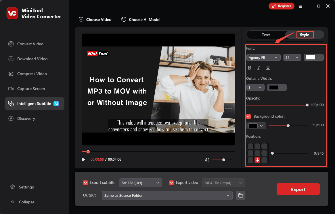 Customize the font, outline width, opacity, background color, and position of the captions in MiniTool Video Converter