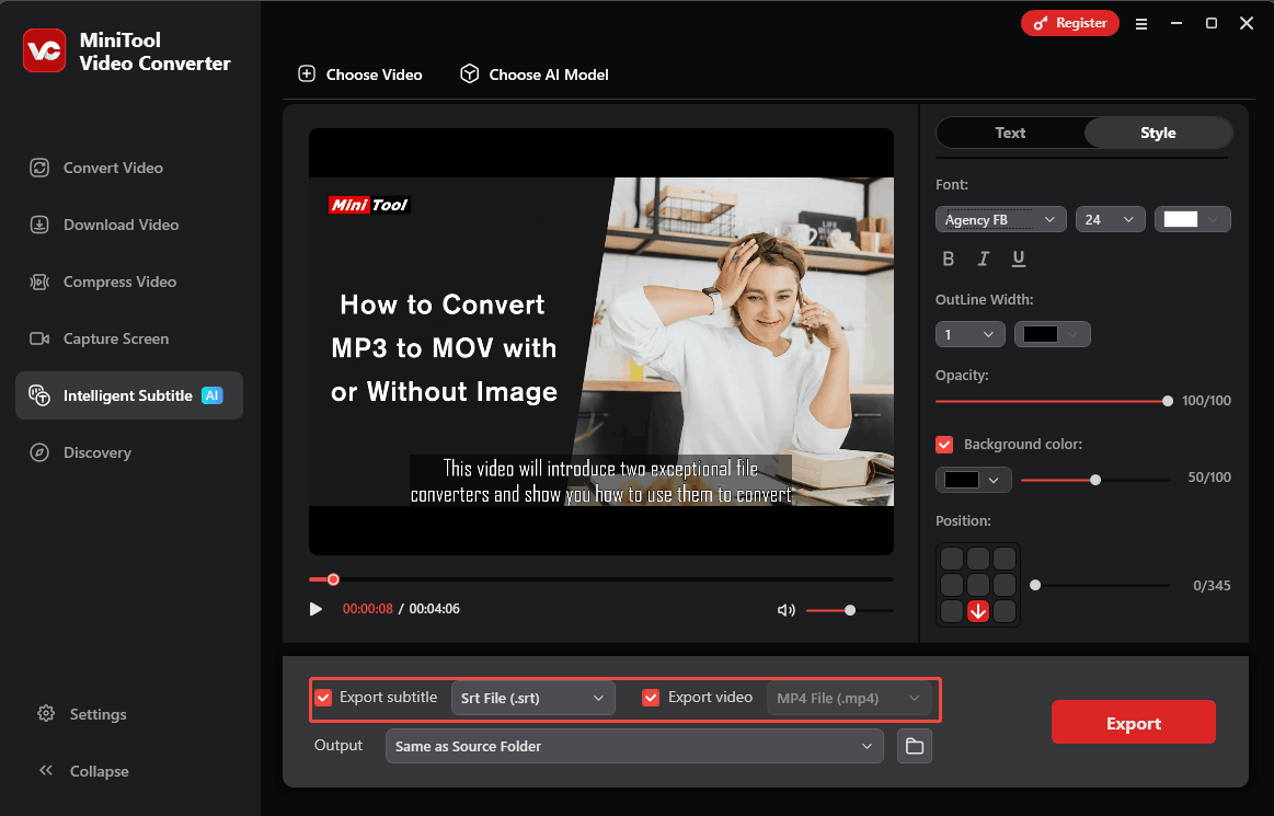 Determine whether to check the Export subtitles and Export video options in MiniTool Video Converter to determine if export subtitles and video