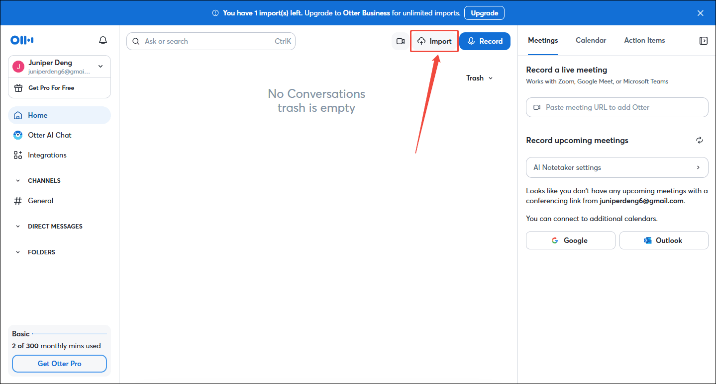 Click on the Import option in Otter.ai to trigger the Transcribe Audio and Video window