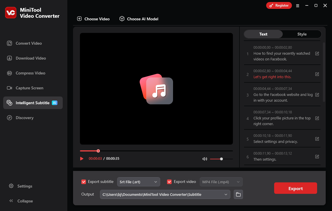 The interface of MiniTool Video Converter’s speech-to-text feature