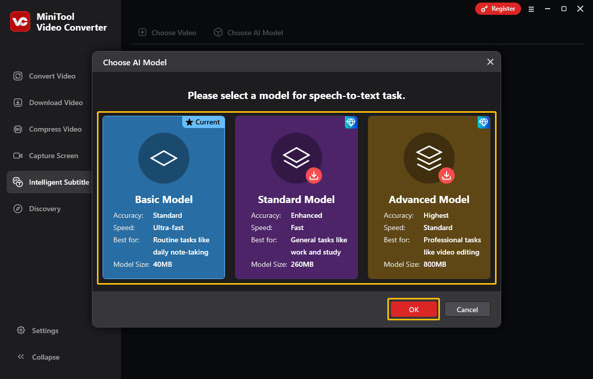 MiniTool Video Converter’s interface showing 3 AI models for transcribing