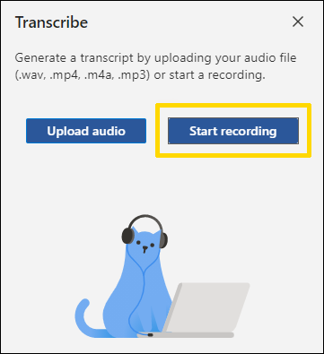 Microsoft 365 Word for the web’s Transcribing window with the Start recoding option highlighted