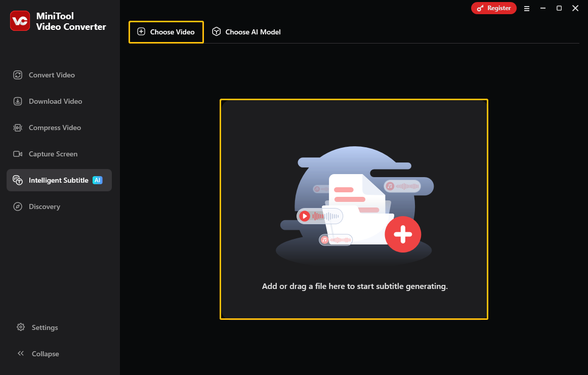 MiniTool Video Converter’s interface showing how to upload files