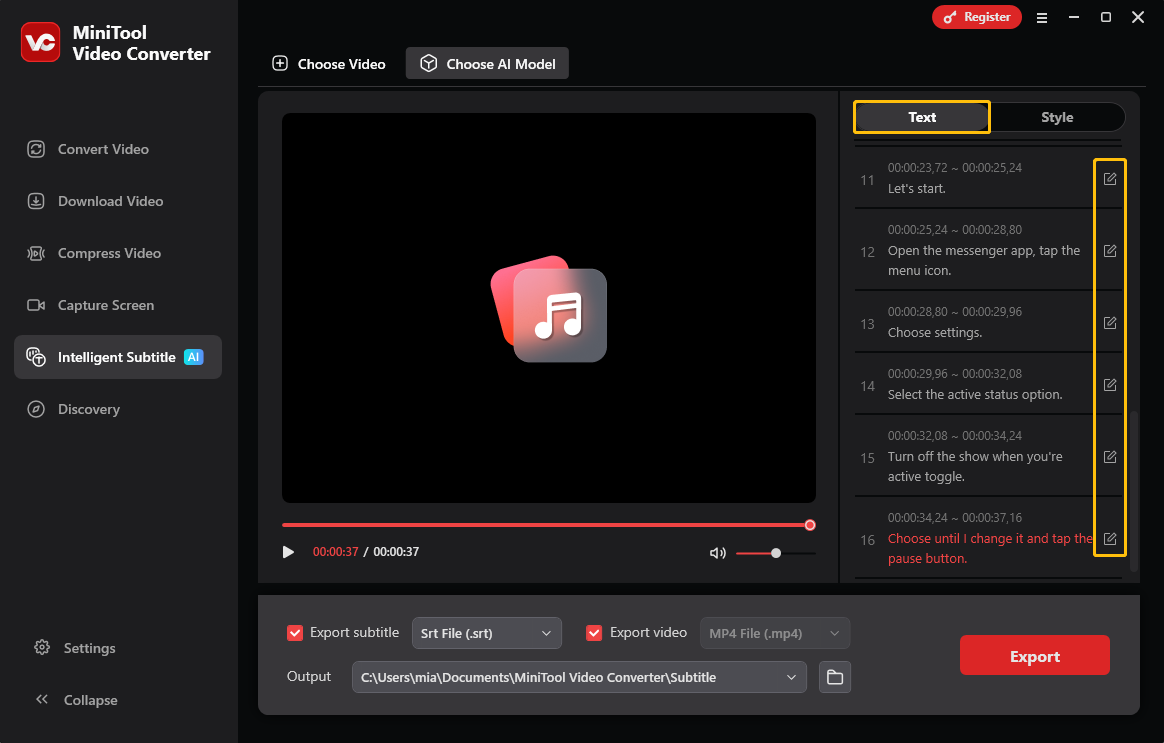 MiniTool Video Converter’s interface with video player and subtitle editing options