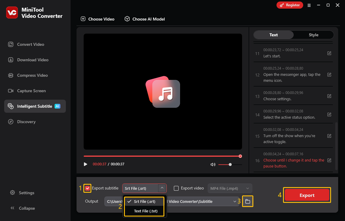 MiniTool Video Converter’s Intelligent Subtitle feature offers options for exporting subtitles, setting the save location, and exporting