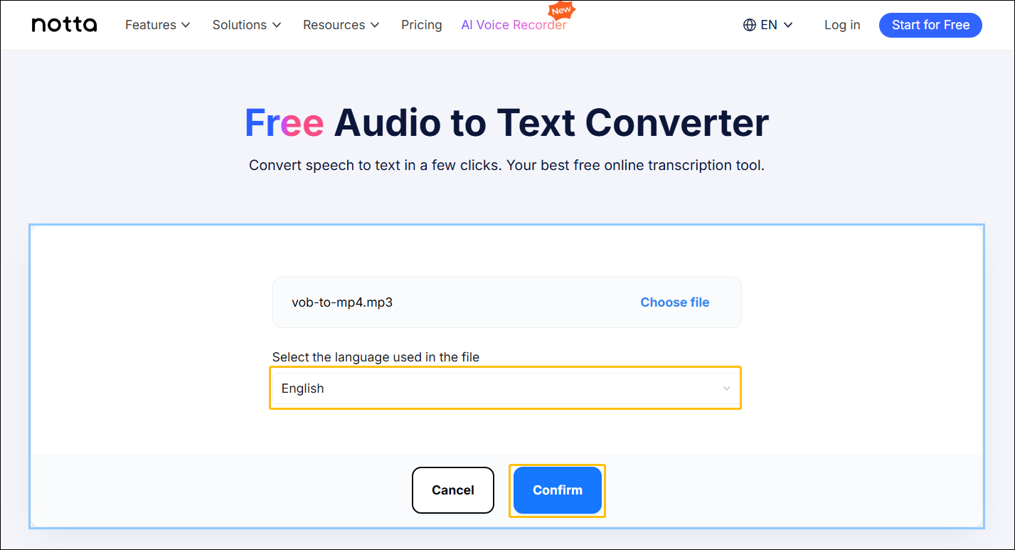 Notta Free Audio to Text Converter webpage with options to select the language and confirm