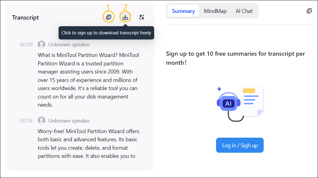 Notta Free Audio to Text Converter webpage showing transcribed text