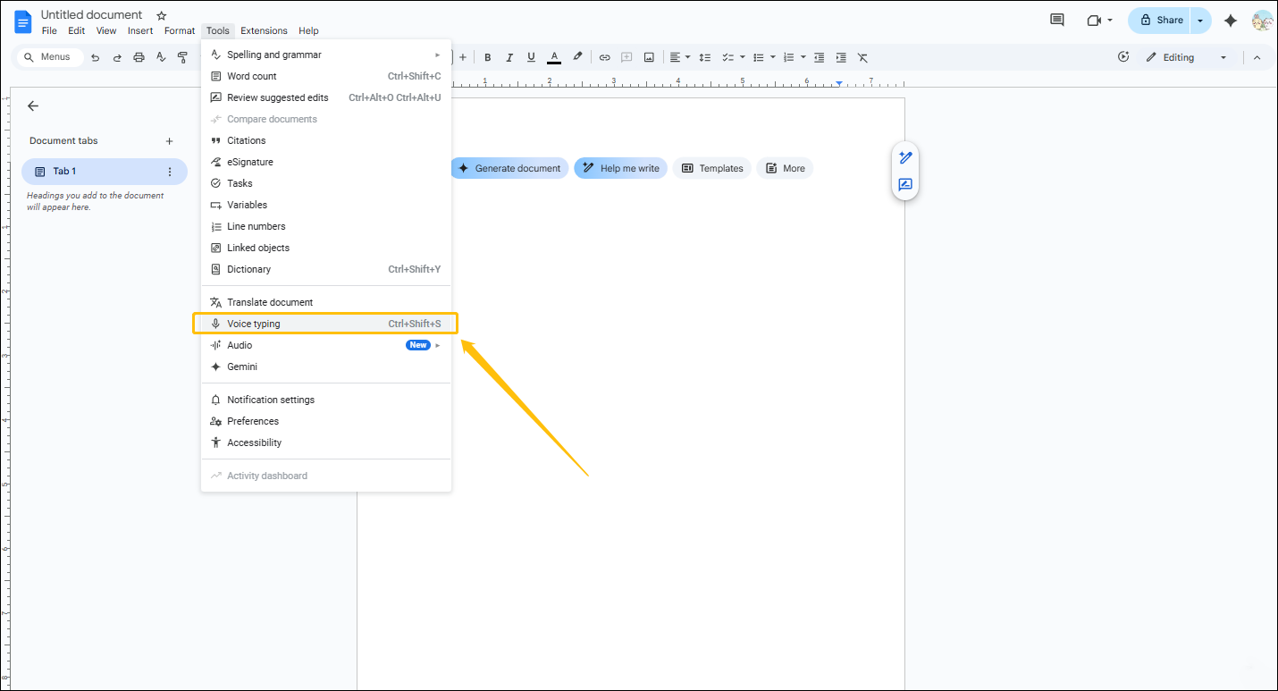 Google Docs interface with the Tools menu open, highlighting the Voice typing option
