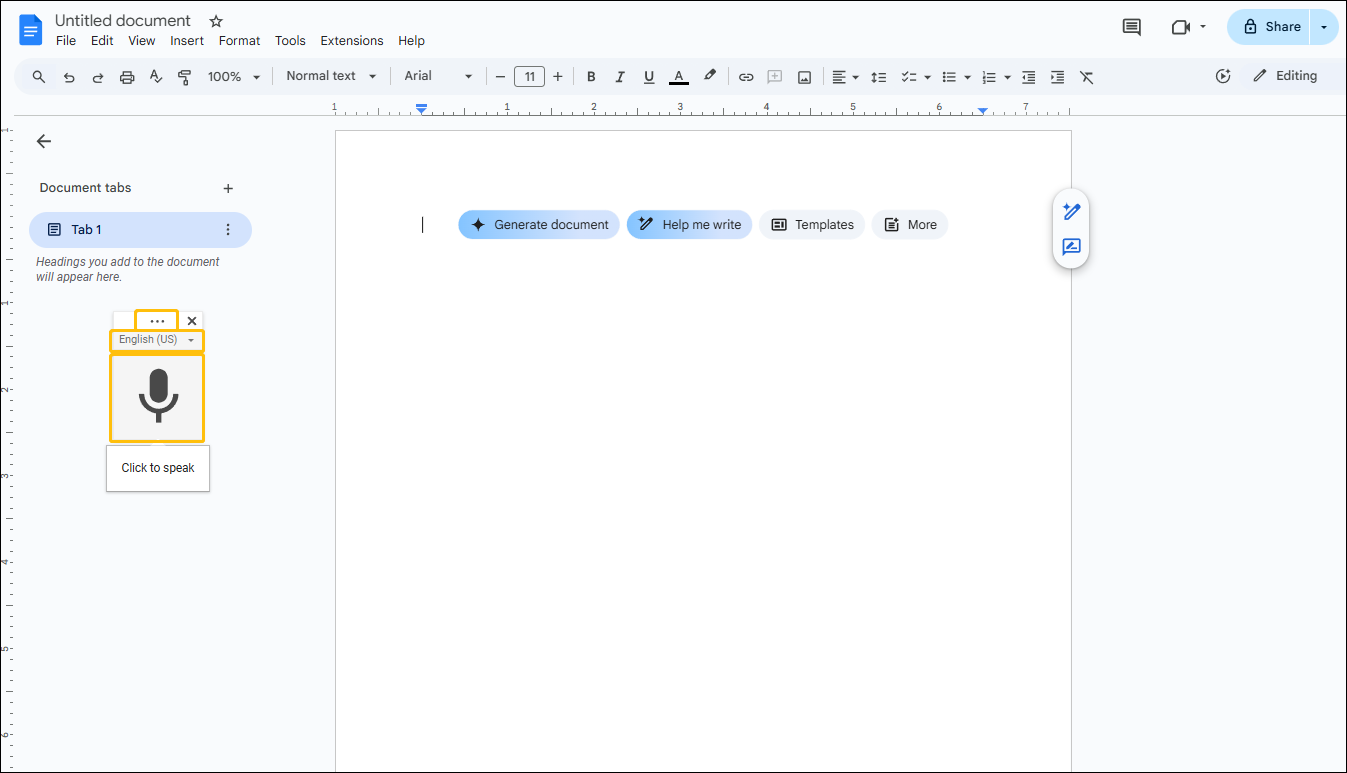 Google Docs interface showing a floating recording window