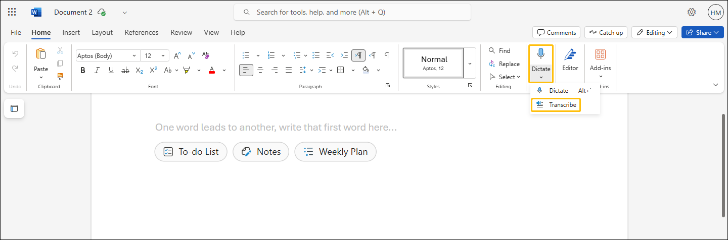 Microsoft 365 Word for the web interface with the Dictate option and Transcribe option highlighted
