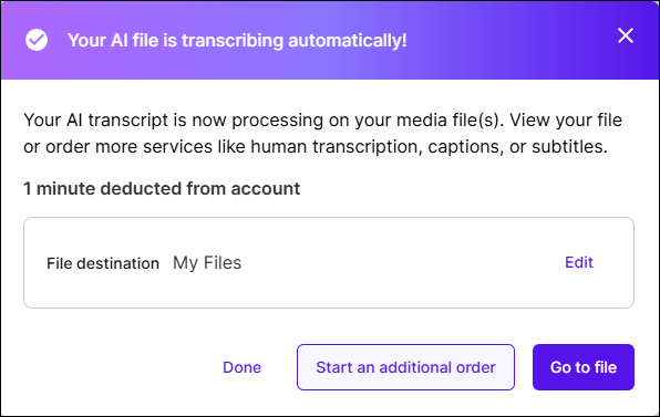 “Your AI file is transcribing automatically!” window