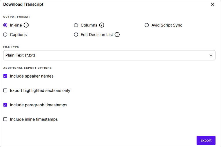 Click Export to download the transcript from Rev.com