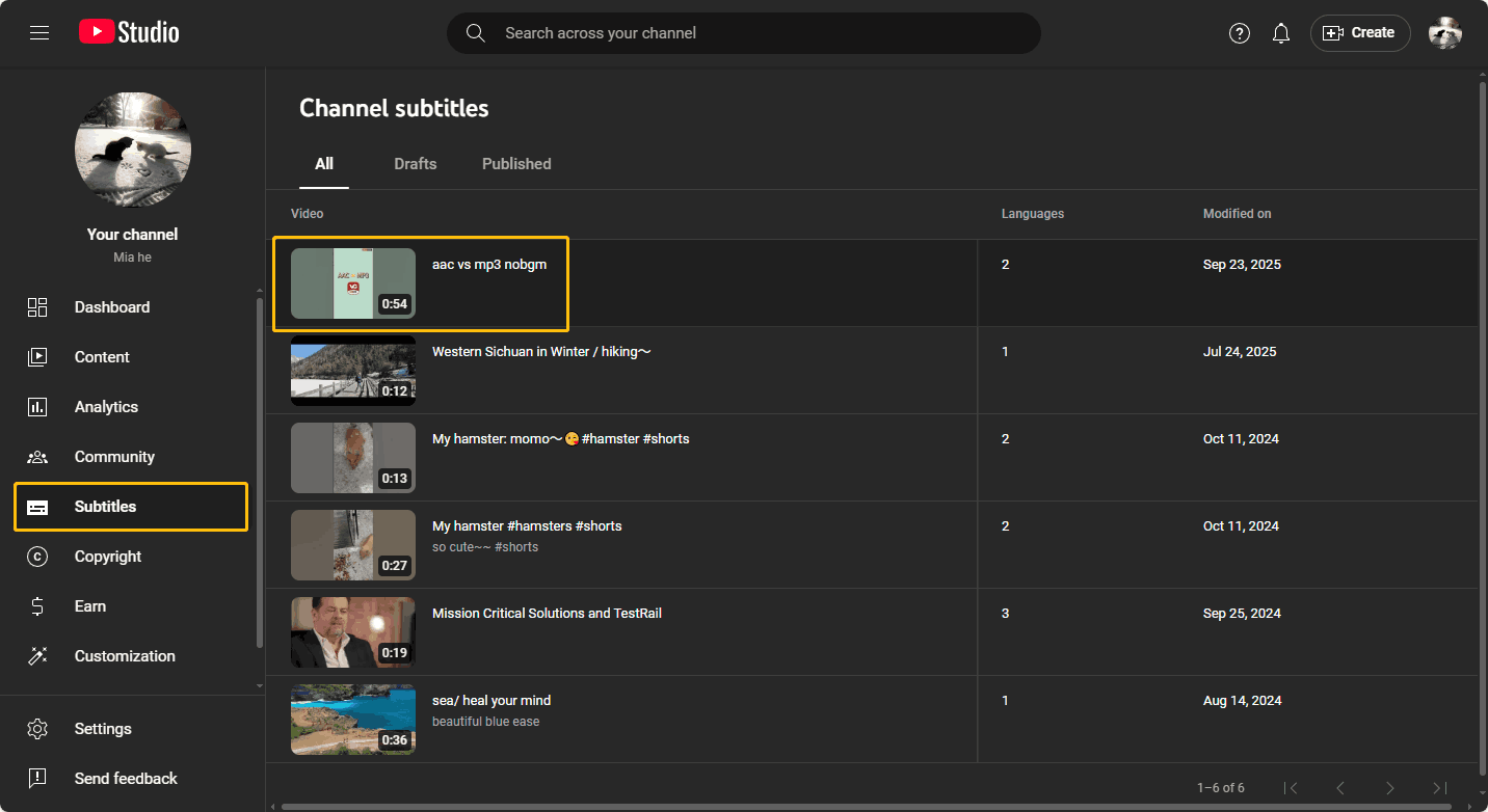 YouTube Studio’s interface showing all the videos that have subtitles in the Channel subtitles section