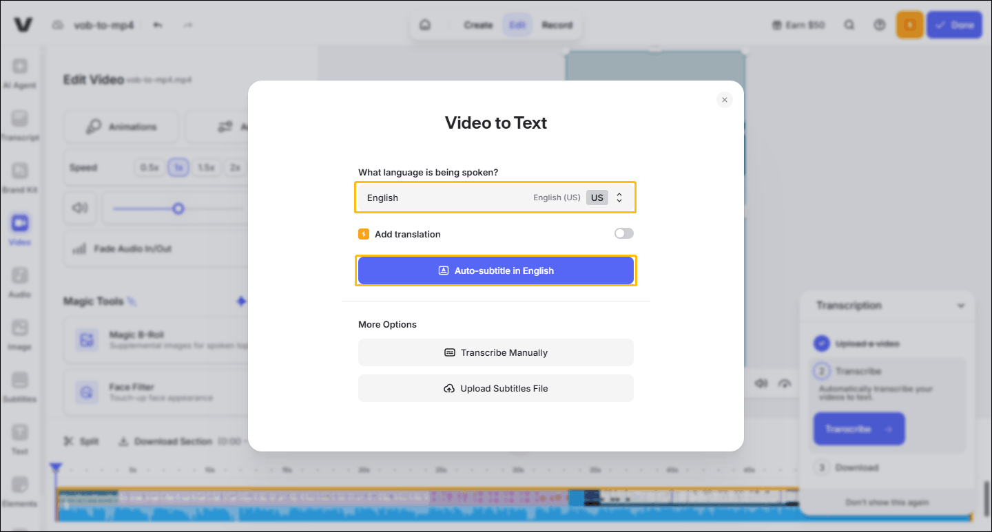 Screenshot of VEED’s editing interface with language and Auto-subtitle in English options highlighted
