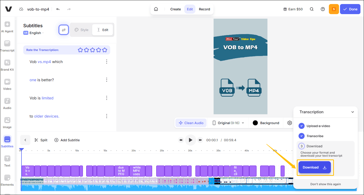 Screenshot of VEED’s editing interface showing a Transcription window at the bottom-right and the Download button is highlighted