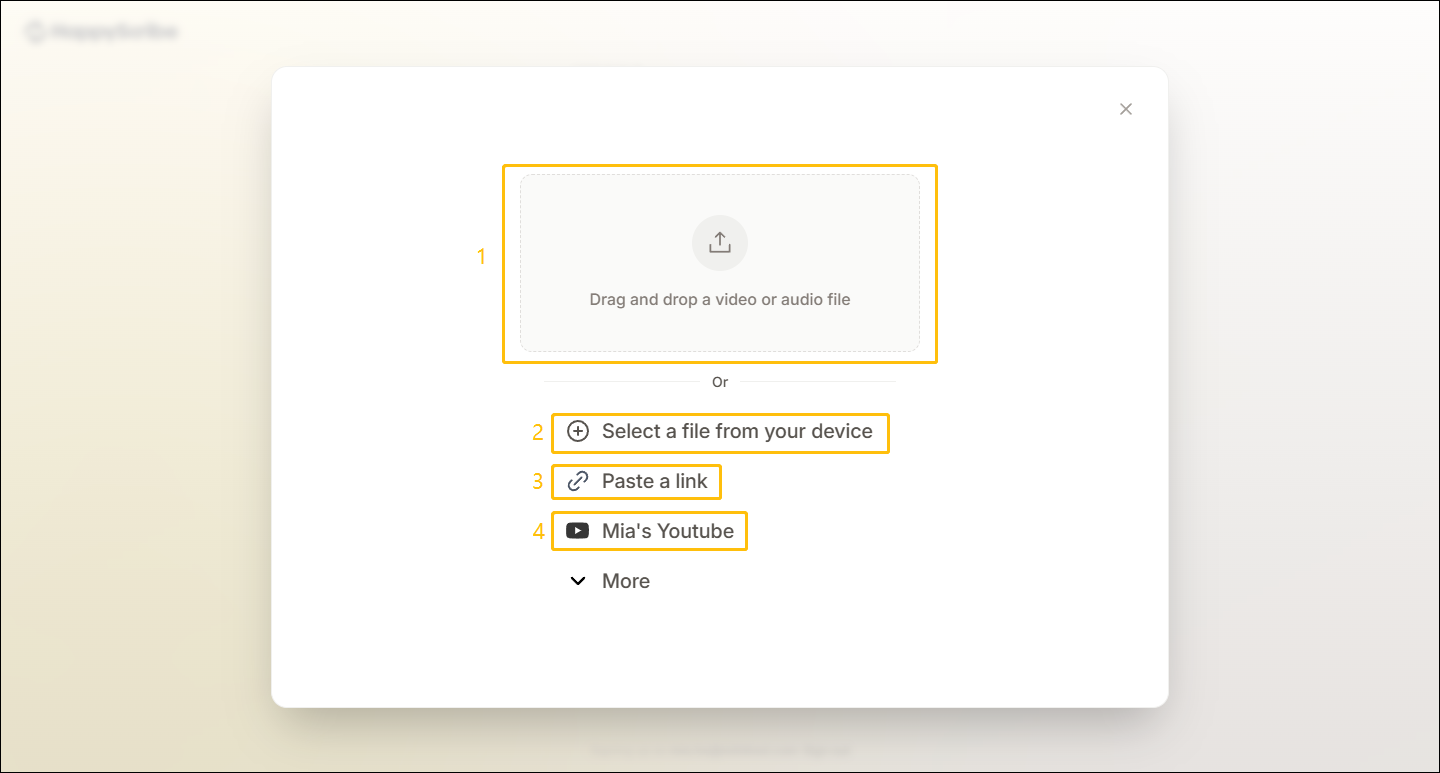 HappyScribe’s file upload page with options to drag-drop, select file, paste link, and access YouTube