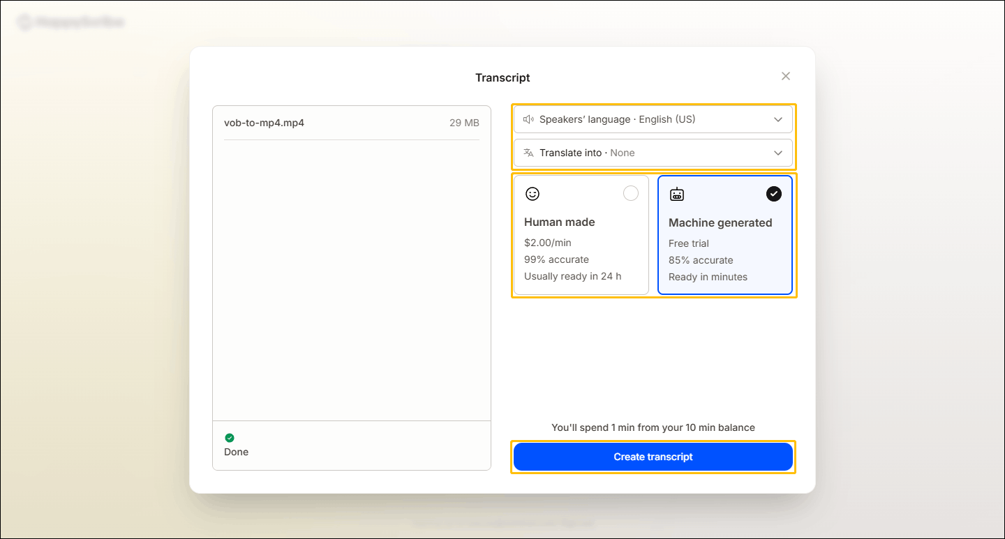 HappyScribe’s Transcript window with language selection and transcription options