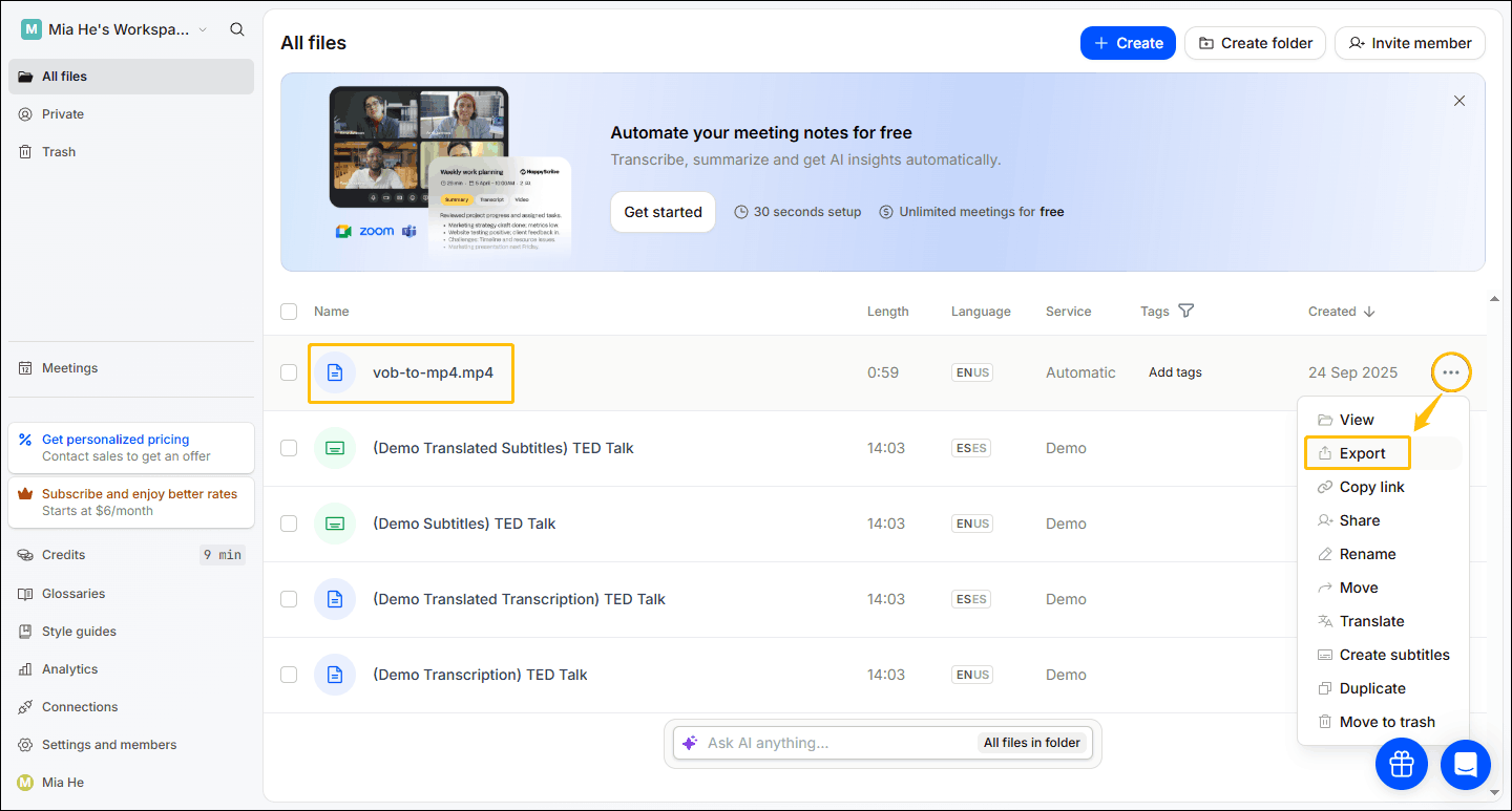 HappyScribe’s file management interface with export option highlighted