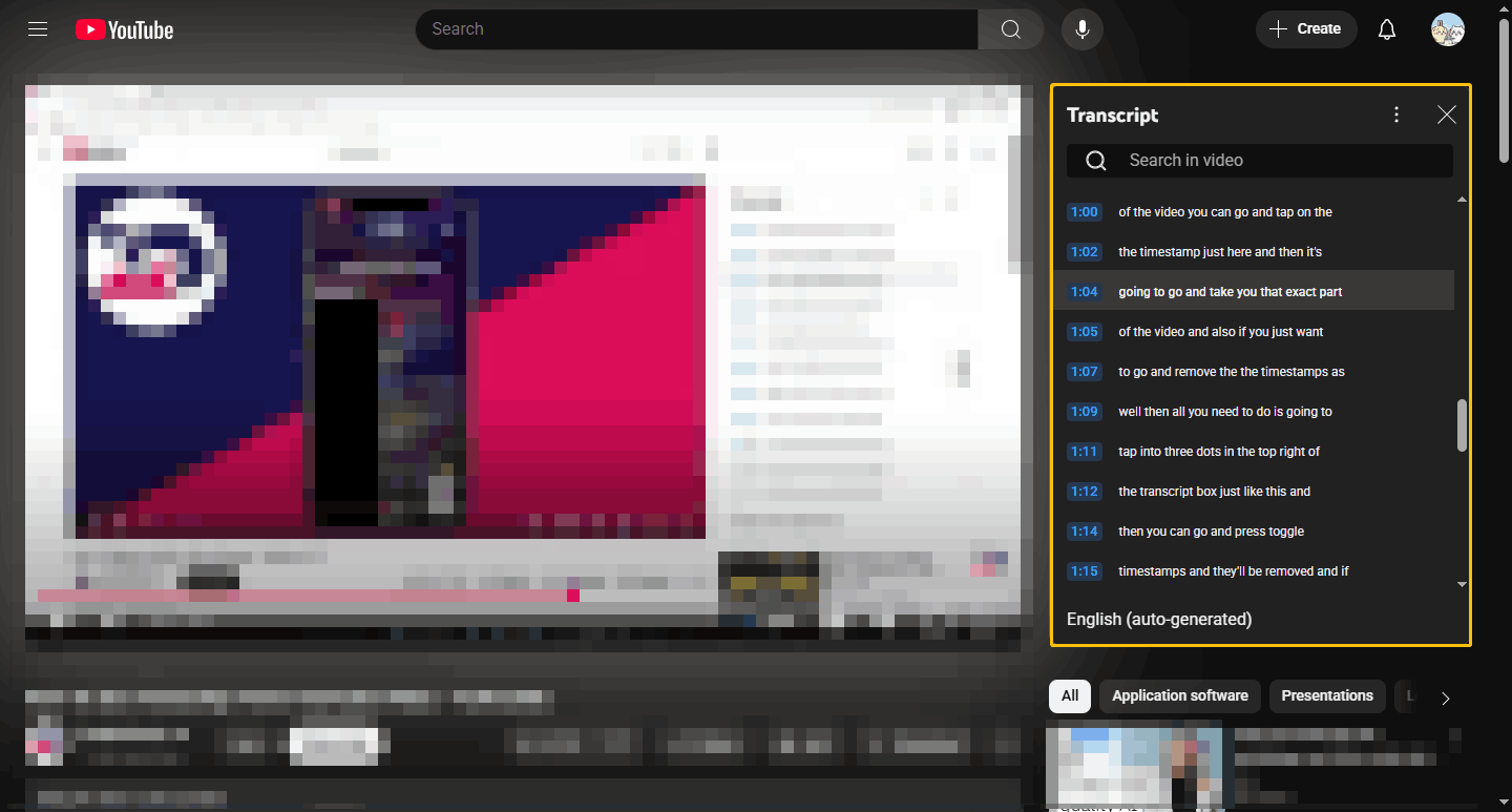 YouTube playback page with auto-generated English transcript on the right of the player