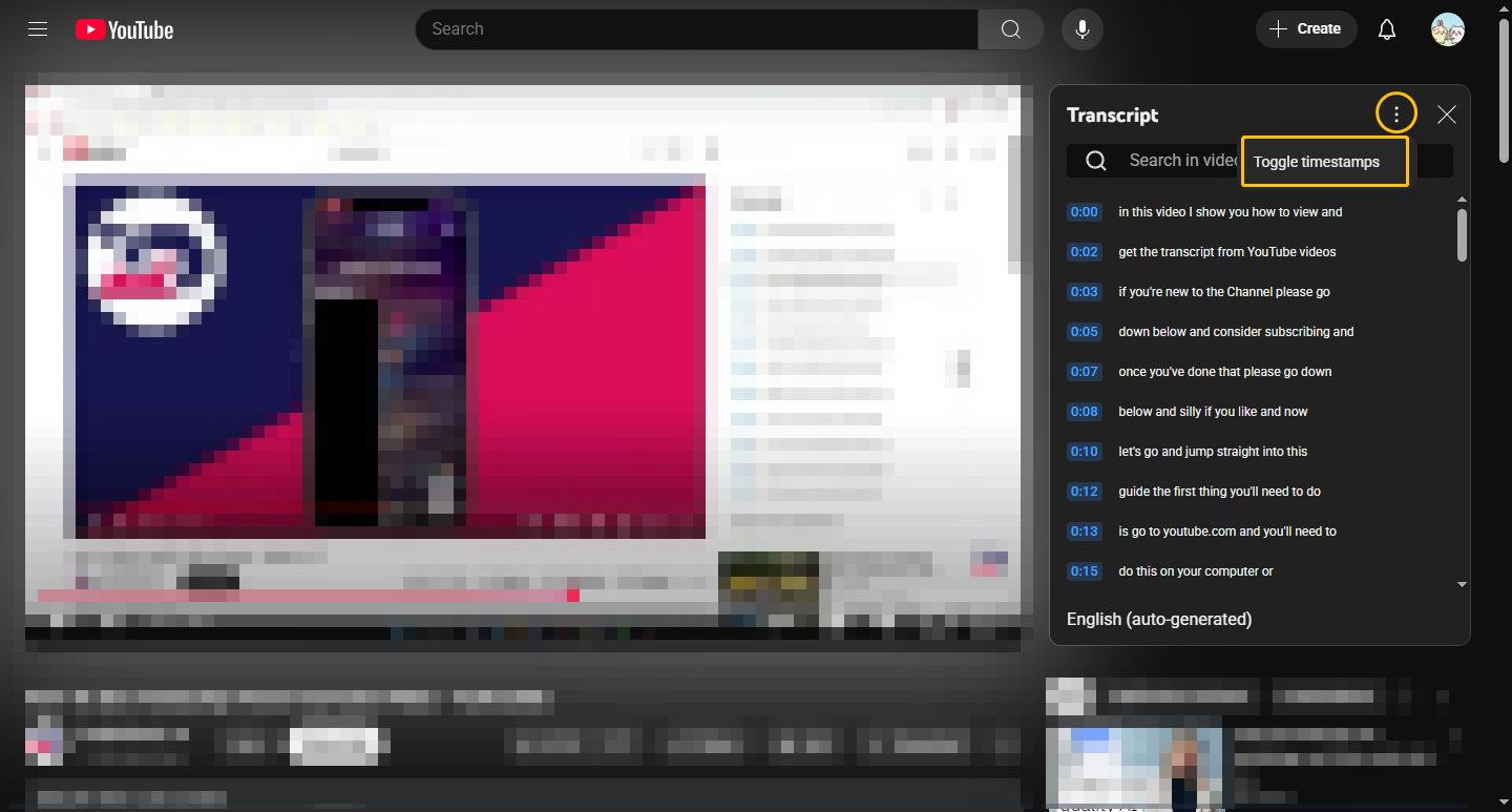 YouTube playback page with auto-generated transcript and Toggle timestamps option