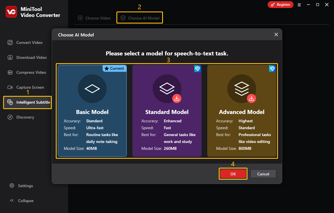 MiniTool Video Converter’s interface showing 3 AI models