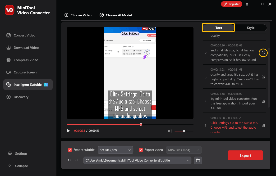 MiniTool Video Converter’s interface with video player and subtitle editing options
