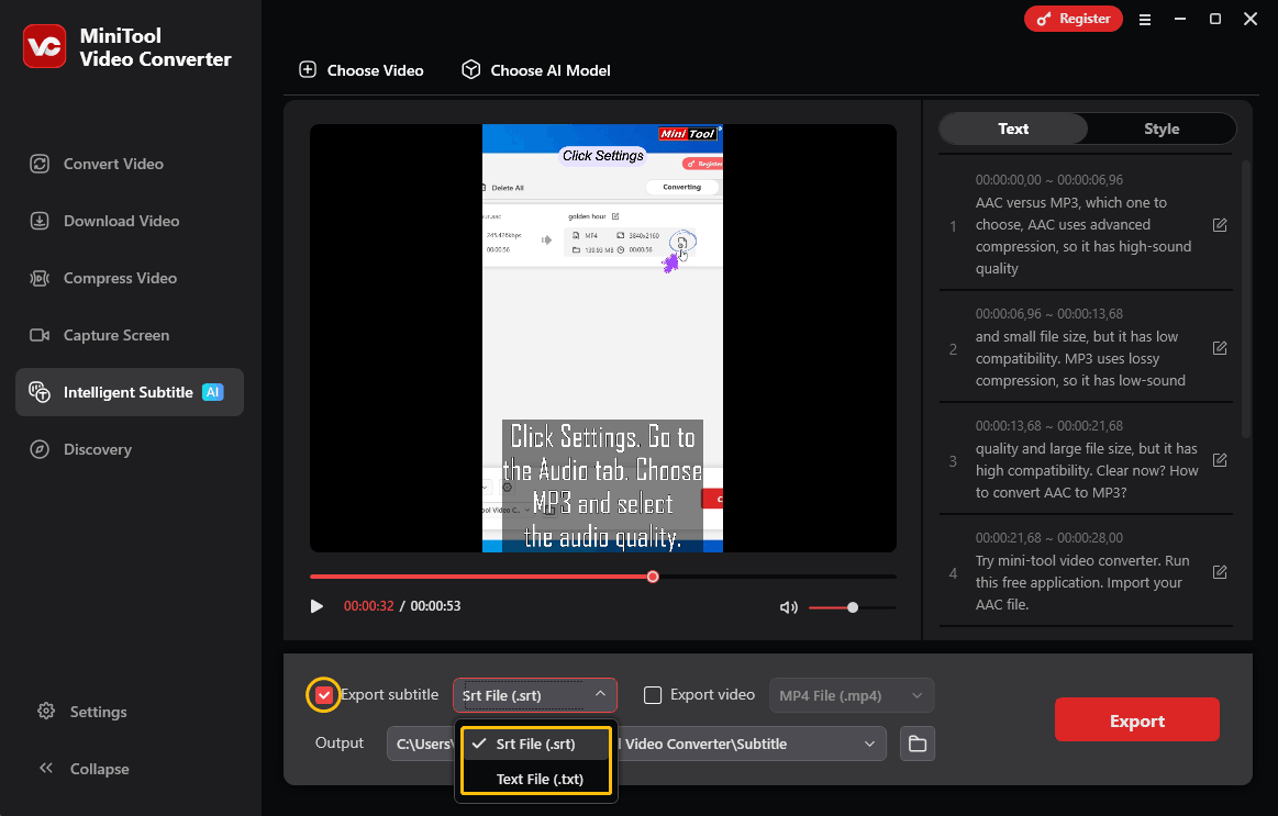 MiniTool Video Converter’s interface showing two export text formats