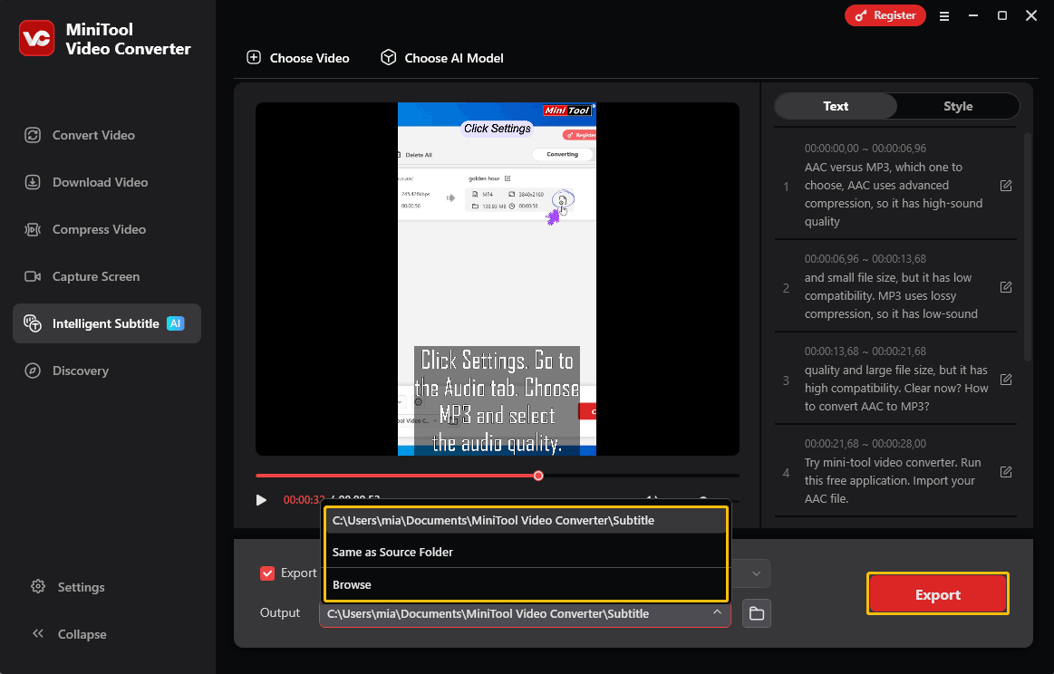 MiniTool Video Converter’s interface showing output folder options and the Export button is highlighted