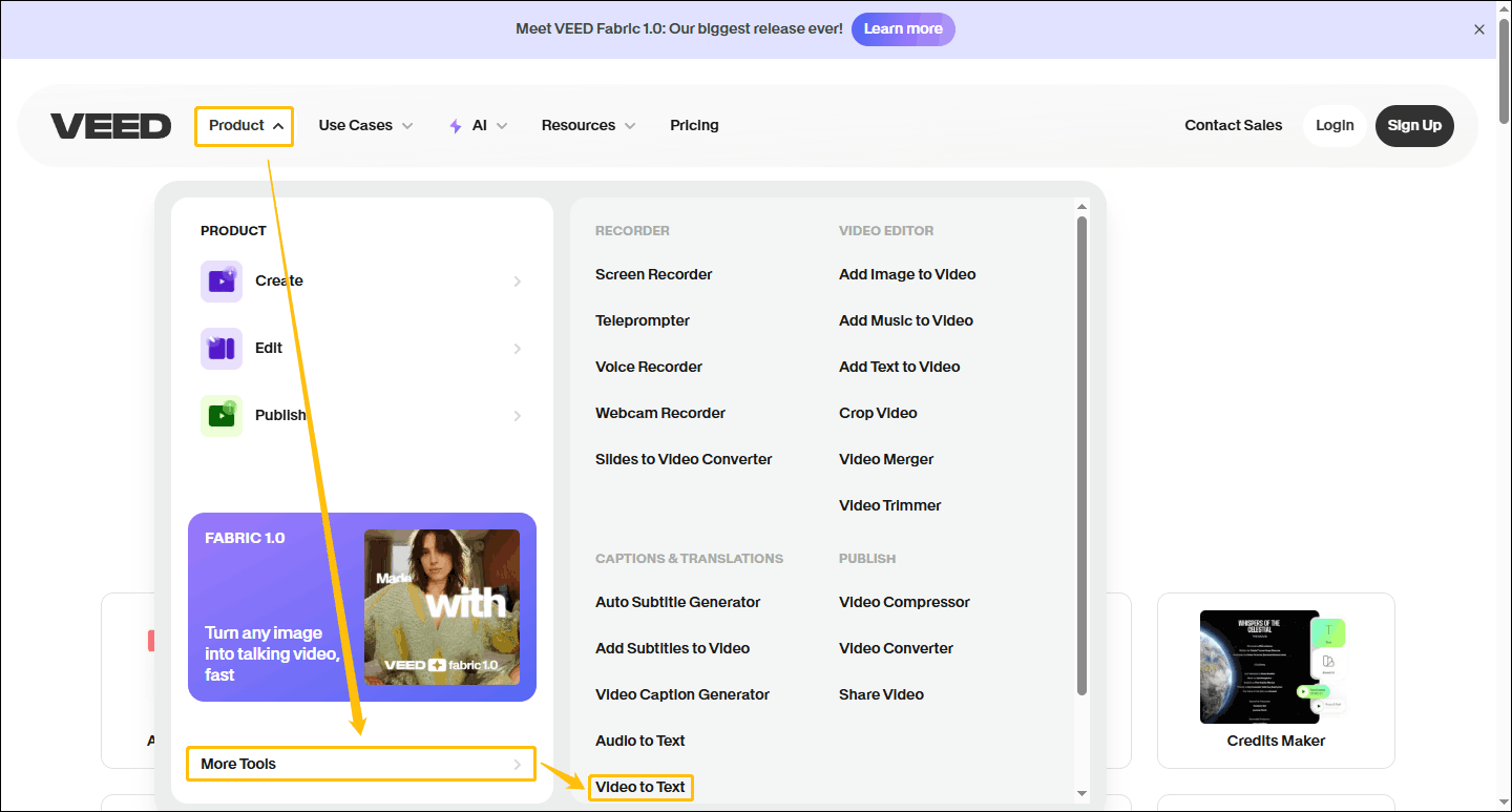 Screenshot of VEED’s homepage showing how to find the Video to Text option