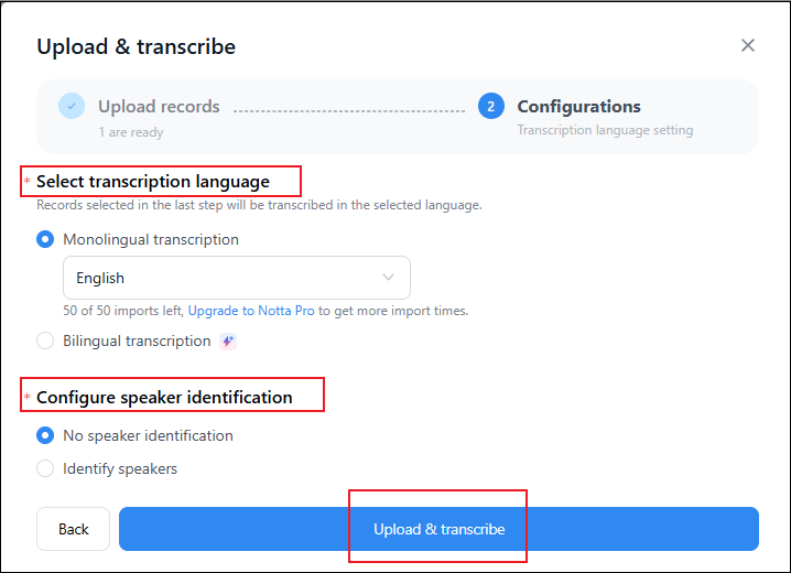 Set some settings and click Upload & transcribe to start converting voice to text in Notta
