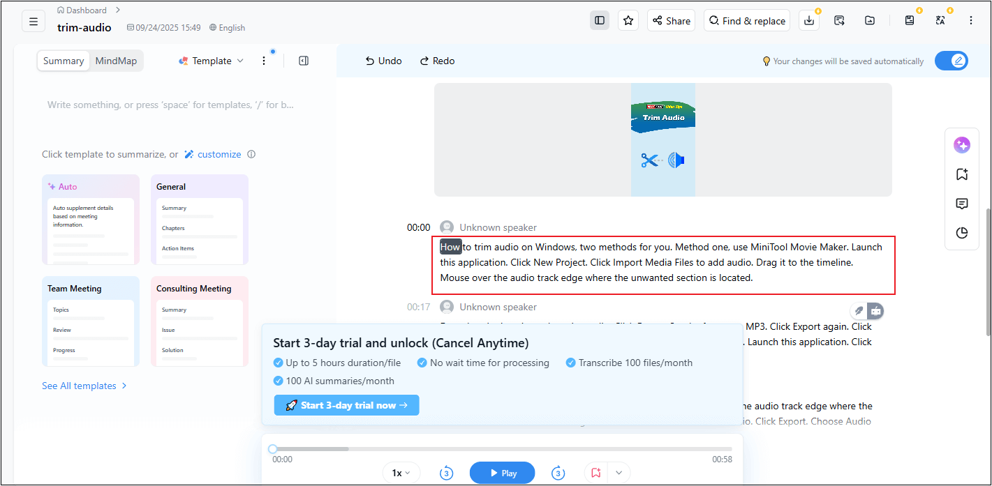 Edit the generated text in Notta