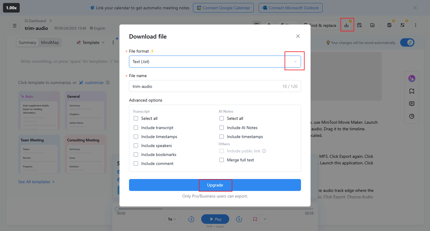 Choose an output format and click Upgrade in Notta to save the text file