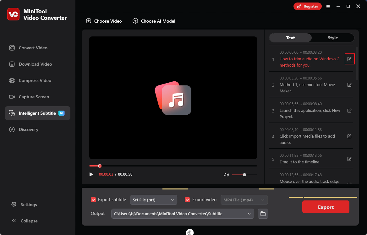 Edit the subtitles in MiniTool Video Converter