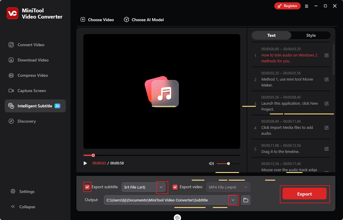 Choose a subtitle format, an output folder, and click Export in MiniTool Video Converter to save the media files