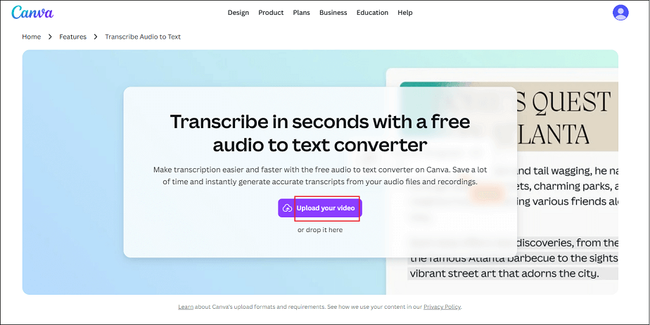 Click Upload your video in Canva to enter the main page