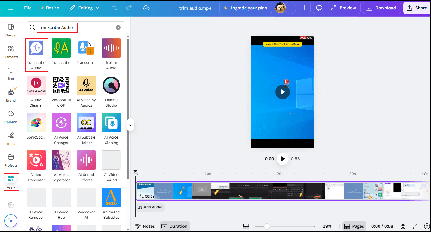 Access the Transcribe Audio tool in Canva