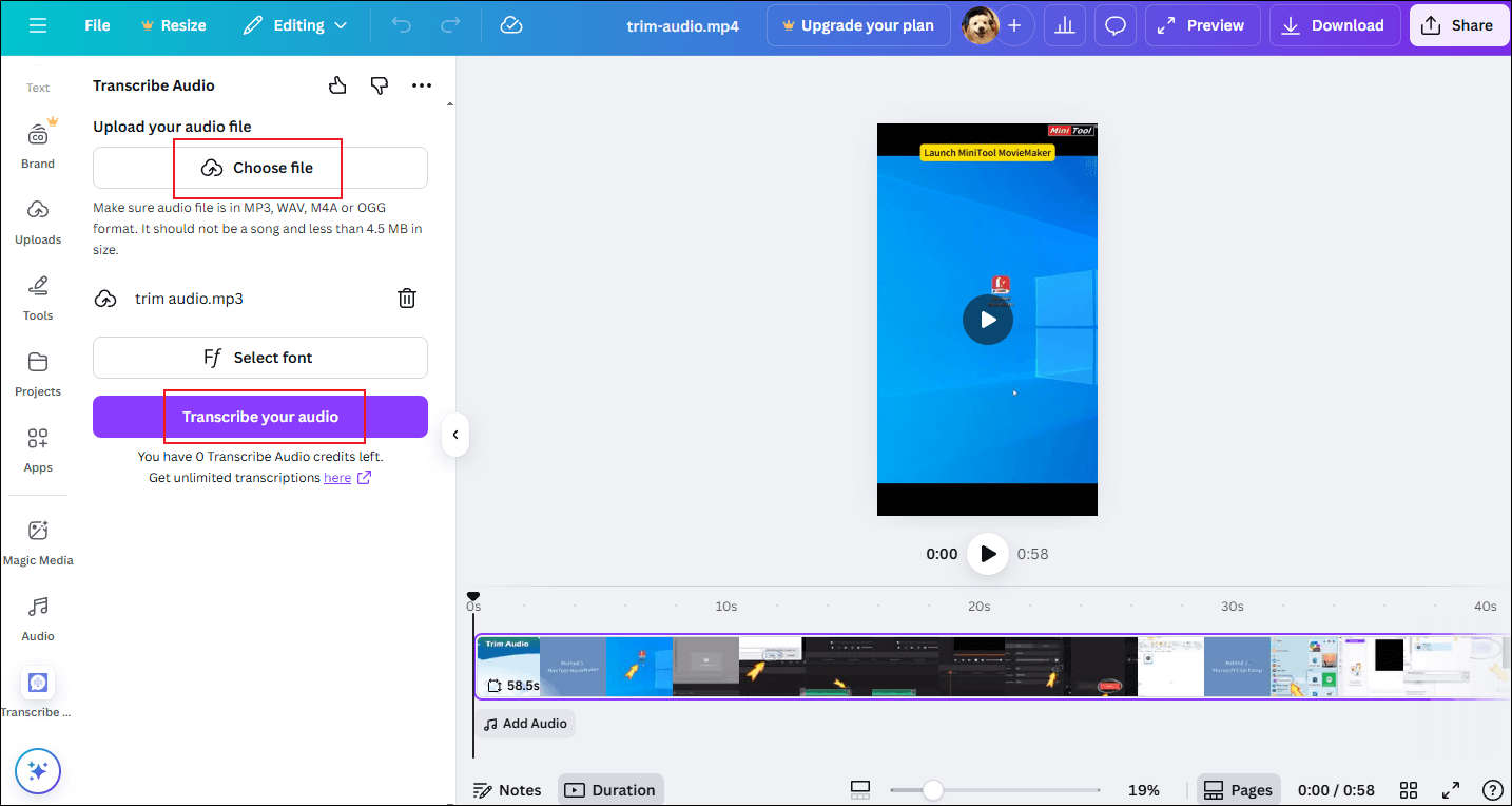 Click the Choose file option to upload the target file to Canva